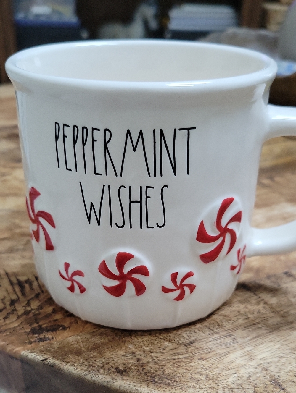 Rae Dunn Peppermint Wishes Ceramic Mug with Red Peppermint Motif